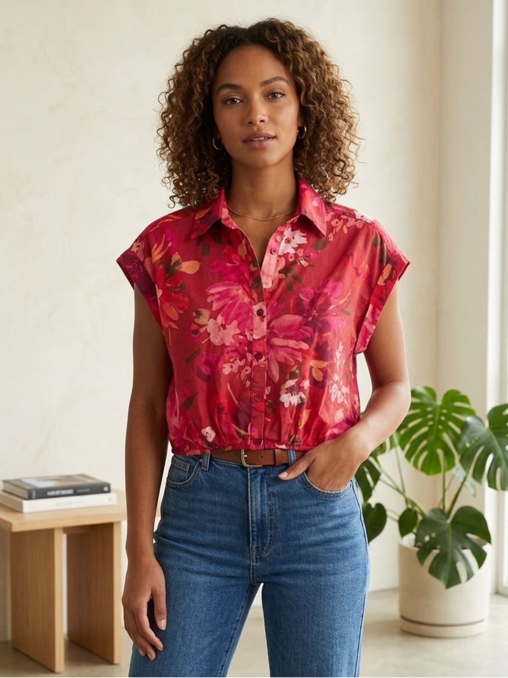 Kut from the Kloth Gia Floral Print Pleated Crop Shirt, Women’s Size Small, Red